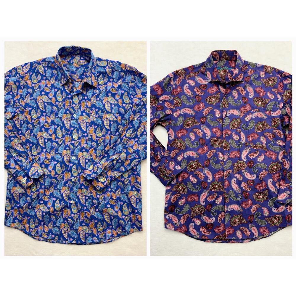 Alan Flusser Mens M Blue Purple AOP Paisley Button Down Long Sleeve Shirt (2)